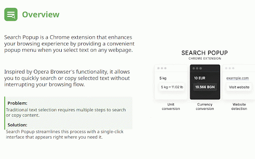 Search Popup :: Displays a smart popup when you select text on any webpage: search, copy, convert, copy to clipboard, open URLs.