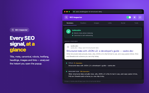 SEO Page Inspector — Meta Tags, Headings & Schema Audit :: On-page SEO audit in one click: title, meta, headings, canonical, hreflang, Open Graph and schema. No account, no telemetry.