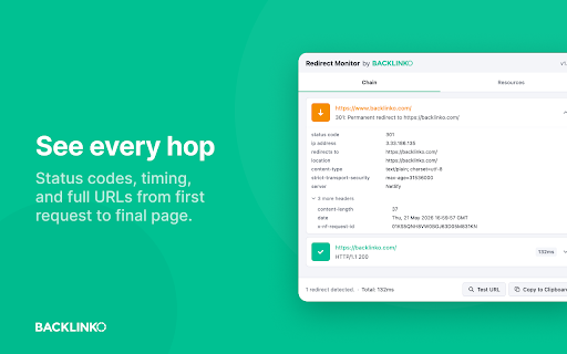 Redirect Monitor by Backlinko :: Monitor and audit URL redirect chains with detailed timing, headers, and SEO insights.