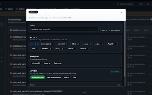 Action Purge :: Bulk delete GitHub Actions workflow runs by scraping the repository Actions page and clicking through the UI.