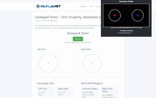 Simple Gamepad Tester :: Test and visualize gamepad input in real-time, including a circularity tester and dead zone visualization.