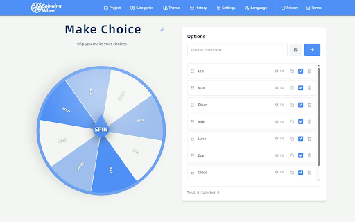 Spinningwheel Tool :: Spin options with wheel animation in Chrome side panel.