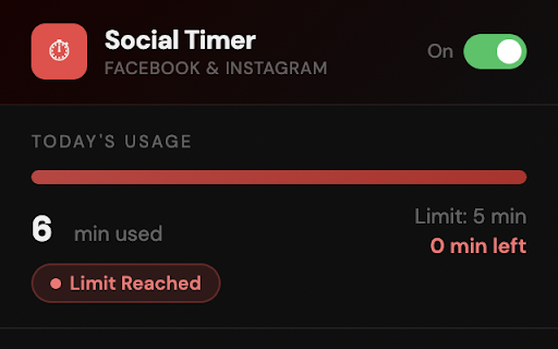 Social Media Time Limiter :: Track and limit time on Facebook & Instagram. Get notified and see a red overlay when your limit is reached.