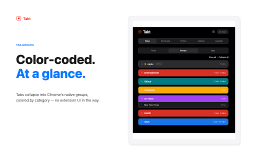 Takt — Auto Tab Group Manager :: Tab organizer that auto-groups tabs by your rules, blocks duplicates and frees memory. All local: no account, no telemetry.