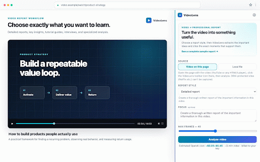 VideoLens — YouTube Video Summaries :: Turn YouTube videos and local files into timestamped reports in your language. Private BYOK mode plus optional Pro.