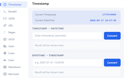 Developer Toolbox :: Developer toolkit: Timestamp, Base64, JSON, URL, Regex, UUID, Hash, Color, Markdown, Mermaid, Code Extractor & more. Offline.