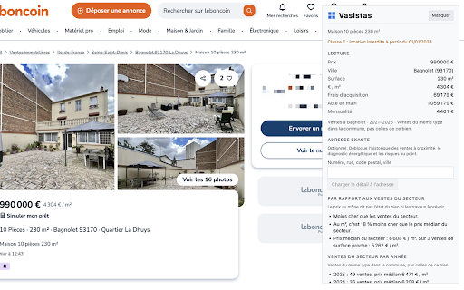 Vasistas :: Analyse locale d’une fiche de vente : prix au m², frais d’acquisition, DPE, ventes du secteur.