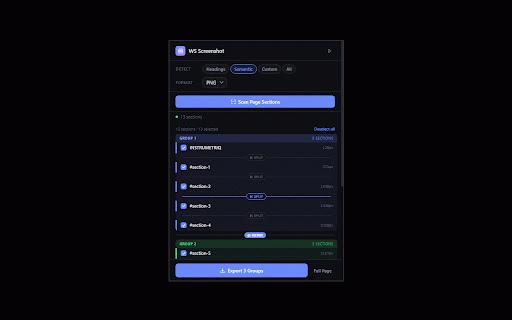 Webpage Section Screenshot :: Capture full-page screenshots split by page sections — headings, semantic HTML, or custom selectors. Export as PNG, JPEG, or ZIP.