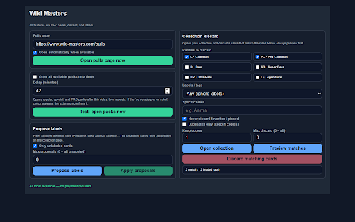 Wiki Masters Pulls Monitor :: Open Wiki Masters packs on a timer, bulk discard with filters, and propose/apply collection labels. All features are free.