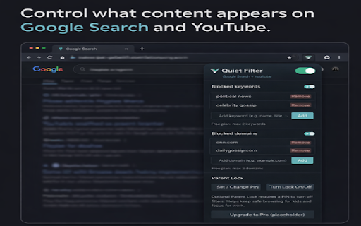 Quiet Filter – Block Porn, Politics & Online Noise :: Filter Google Search and YouTube content with optional Parent Lock. Matching Shorts are blurred or collapsed.