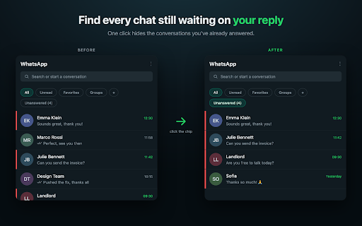 Unanswered for WhatsApp Web :: Instantly filter WhatsApp Web chats still waiting for your reply. Not affiliated with WhatsApp Inc.