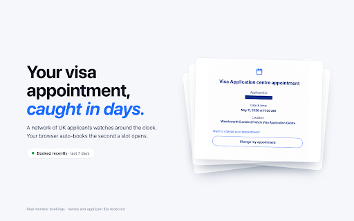 VisaReady: Auto-Book Your TLSContact Visa Appointment :: Auto-books your TLSContact visa appointment the moment a slot opens. Free to install. Pay only when we book.