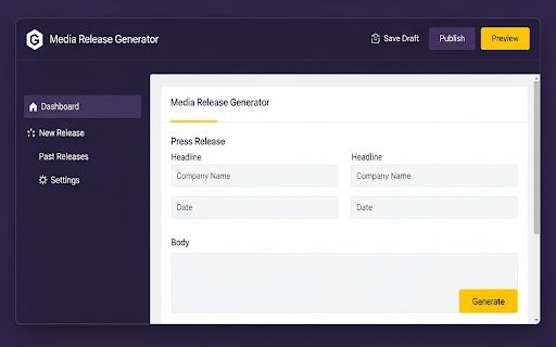Media Release Generator :: AI-powered media release generator for news, podcasts and social media. Create press releases and format for social.