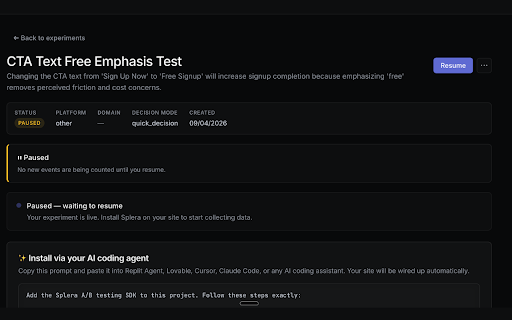 Splera - A/B Testing for Vibe Coders :: Run A/B tests on apps built with Replit, Lovable, Bolt, and Claude Design. Detects UI changes and wires up tracking.