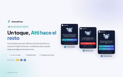 AttendMeet — Inteligencia de reuniones :: Graba tus reuniones de Meet, Teams y Zoom sin invitar a un bot. Transcripción, decisiones y tareas en un panel.