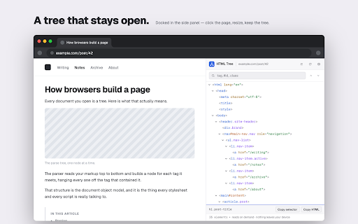 HTML Tree Generator — DOM Tree Viewer :: 🌳 See any page's HTML as an interactive DOM tree in a side panel. Search it, highlight elements, copy CSS selectors.