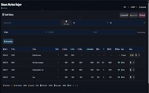 Steam Market Helper :: Steam trade tracking: profit, fee, and margin calculations. Bulk selling, notes, charts, and dark and light theme.