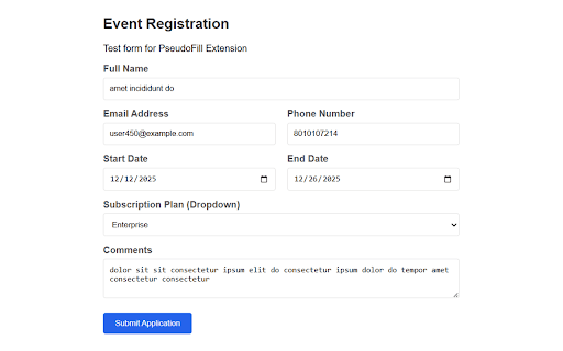 PseudoFill :: Fills forms with dummy data, handles dates and dropdowns smartly.