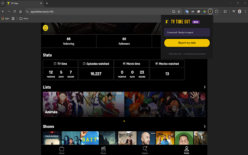 TV Time Out by Refract :: Export your complete TV Time library — shows, movies, lists — to JSON/CSV. 100% client-side, private, no account needed.