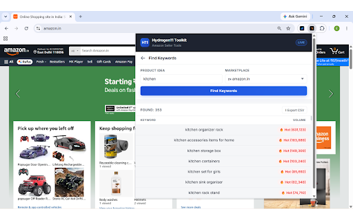 Amazon Keyword And Product Research Extension Tool For Sellers - Hydrogen11 :: Free Keyword & Product Research Tool for Amazon Sellers. Get Search Volume, Trends, and Listing Intelligence.