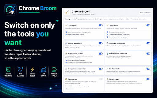 Chrome Broom: Browser Toolbox, Tab Manager & Cache Cleaner :: Chrome optimization toolbox with cache cleaning, tab sleeping, parking, snoozing, snapshots, live stats, rescue tools and much more.