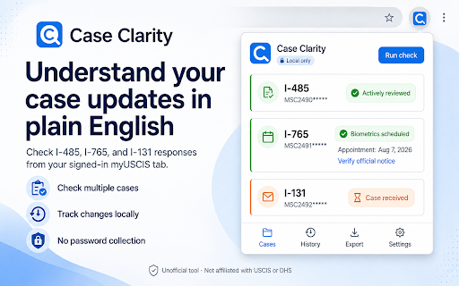 USCIS Case Monitor :: Check rich case details from a logged-in myUSCIS tab with an I-485 progress tracker and local history.