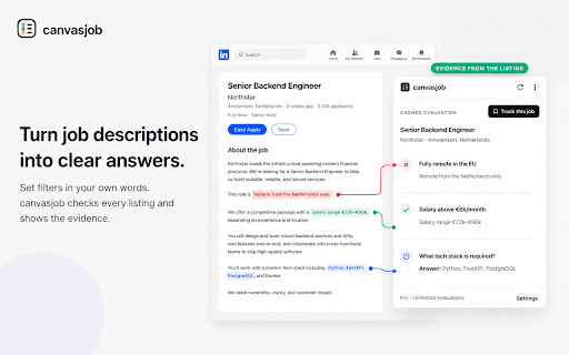 AI Job Filter & Tracker for LinkedIn – canvasjob :: Filter LinkedIn jobs with your own criteria. Get pass/fail/unknown answers with evidence, then track promising roles.