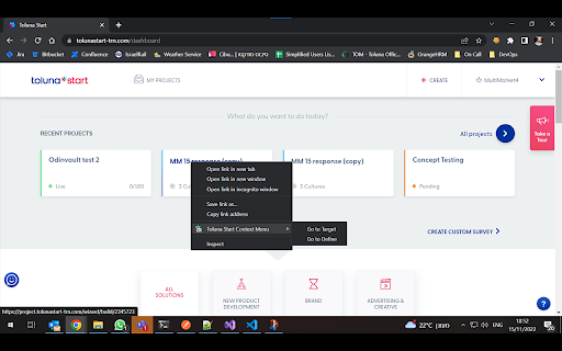 Toluna Start Context Menu :: Extra context menu items for Toluna Start. Currently supporting links to Target and Define from Dashboard and My Projects pages.
