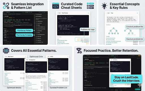 DSA Patterns for LeetCode :: Socratic hints, algo pattern cheat sheets, and company question filters for LeetCode. Works offline.