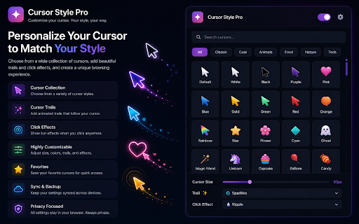 Cursor Style Pro ★ 50+ stunning cursor styles for Chrome :: Animated & custom cursors for Chrome. 150+ stunning cursor styles, animated trails, click effects, cursor pets & more