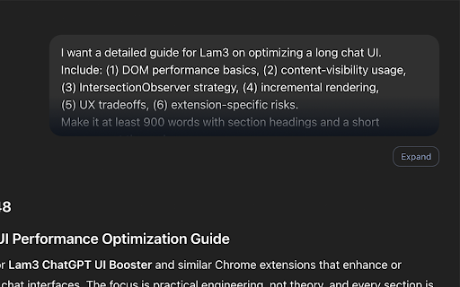 Lam3 ChatGPT UI Booster :: Reduce ChatGPT lag on long conversations by collapsing offscreen turns.