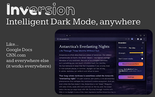 Inversion — Smart Dark Mode :: Invert colors on pages with an option to exclude media.