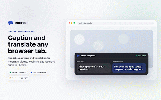 Intercall: Live Captions & Translator for Meetings :: Real-time captions and live translation for any browser tab — Zoom, Google Meet, Teams, YouTube. Built for interpreters.