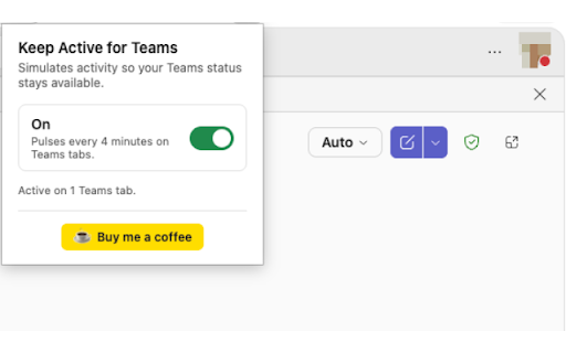 Keep Active for Teams :: Prevents your Microsoft Teams web status from going idle. Toggle the activity simulator on or off from the popup.