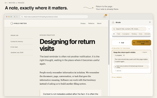 Knote :: Your thoughts, waiting where you left them. Tie a note to any link, and it surfaces the moment you're back on that page.