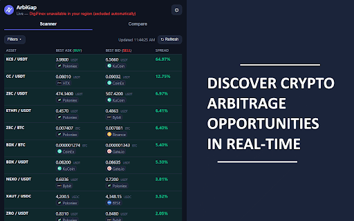ArbiGap: Best Crypto Arbitrage Opportunities & Crypto Spread Broker Scanner :: Live price comparison across exchange plateforms. Flags the tightest spread and biggest cross-exchange gaps in real time.
