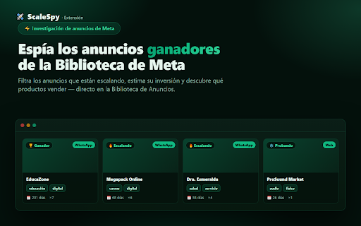 ScaleSpy — Ad Library Spy :: Analiza anuncios de la Biblioteca de Meta: filtra por repetidos y días, descarga creativos y clasifícalos con IA.