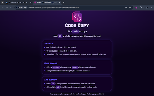 Code Copy :: Click code blocks to copy. Hold Alt and click any element to copy its text.