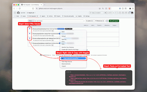 Magpie — GitHub Issue & PR Copier :: Copy selected GitHub issue/PR titles and links to the clipboard in a customizable format.