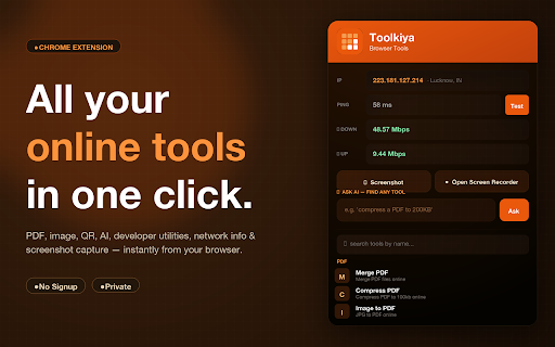 Toolkiya Browser Tools :: Quick access to browser tools — PDF, image, QR code, AI tools, developer utilities, IP checker and speed test. No signup needed.