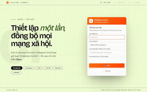 VietClaw Connect :: Đồng bộ tài khoản mạng xã hội của bạn với trợ lý ảo VietClaw để tự động đăng bài và trả lời tin nhắn.