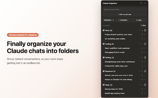 Claude Organizer: Folders, Search & Export for Claude AI :: Add folders, search, bookmarks and chat export to Claude.ai. Organize, find and save your Claude AI conversations in one click.
