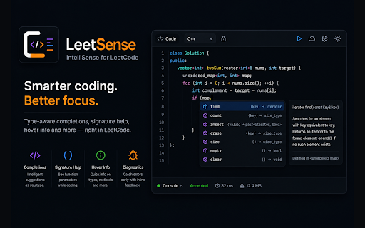 LeetSense: VS Code-like Autocomplete & IntelliSense for LeetCode :: LeetCode autocomplete and IntelliSense for Python, C++, JavaScript, and TypeScript.