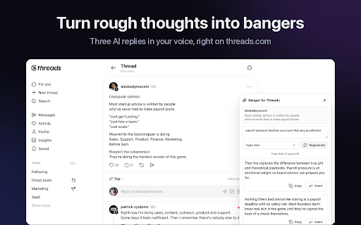 Banger: AI Posts & Replies for Threads :: Turn rough thoughts into bangers. AI replies and posts in your voice that grow your Threads. Bring your own AI key.