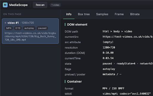 MediaScope :: Inspect media metadata, MP4/WebM structures, packets, audio, subtitles, and MSE streams.