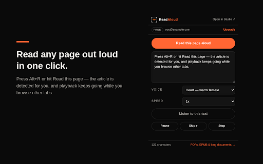 Read Aloud Reader: Read Text Out Loud :: Read any web page or selected text out loud in natural AI voices. Keeps playing while you browse.