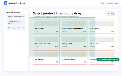 LinkSlinger: Open Multiple Links at Once :: Select multiple links with a drag, then open all in new tabs, copy, or bookmark them at once. Privacy first, open source.