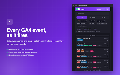Event Inspector — DataLayer & GA4 Ecommerce Debugger :: See every dataLayer and GA4 ecommerce event as it fires — purchase, add_to_cart, begin_checkout — with full payloads and warnings.