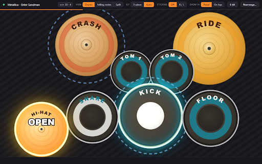 Drum Visualizer for Songsterr :: See Songsterr drum tabs as a live drum kit or falling notes - in sync with playback, showing which drum to hit.