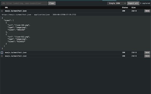JSON Grabber (local dev tool) :: Captures JSON network response bodies from the DevTools network log and exports them as files. Local, unpacked, read-and-save only.